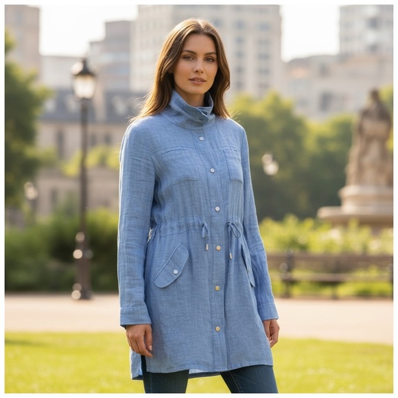 Chico’s Cross Dye Blue Linen Drawstring Utility Shirt. Size 0 - Picture 10 of 11